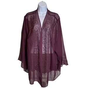 Catherines Burgundy Beaded Sheer Open Front Kimono‎ Evening Cardigan Size 30